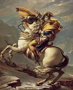 Bonaparte franchissant le Grand-Saint-Bernard (1801), de David: la montaña aparece como decoración según la tradición clásica.