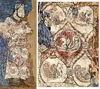 Delegado con diseño de Simurgh en su vestido en los murales de Afrasiab, 648-651