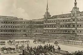 Entrada de los toreros a la corrida de toros en la plaza Mayor por Pharamond Blanchard.