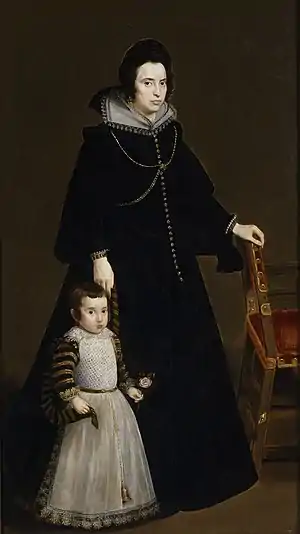 Antonia de Ipeñarrieta y Galdós y su hijo don Luis (1631), con un ejemplo de uno de los últimos verdugados bajo la "saya entera" de cuerpo abotonado y mangas redondas (traje de aceitera).