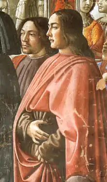 Detalle del autorretrato de Domenico Ghirlandaio (a la izquierda) con Sebastiano Mainardi (derecha), en el panel de la anunciación del ángel a Zacarías