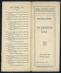 Programa para el servicio del Dominion Day en Wellington Town Hall.
