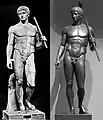 Dos copias del Doríforo de Policleto, c. 445-440 a. C. La de la izquierda se conserva en el Museo Arqueológico Nacional de Nápoles. Altura 2,00 m.