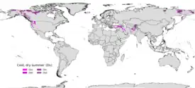 Localización global de los climas continentales con influencia mediterránea.