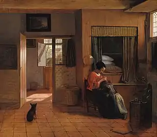 El deber de una madre por Pieter de Hooch muestra una mujer despiojando a su hija delante de una cama caja empotrada alta.