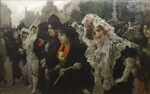 El Viernes Santo en Madrid, paseo de mantillas por la calle de Alcalá, de Francisco Pradilla, 1914.