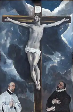 Cristo crucificado con dos donantes del Greco, con línea serpentinata pictórica.