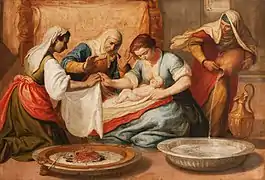 Brasero encendido, en El nacimiento de la virgen, óleo de anónimo español del siglo xvii.