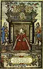 Portada coloreada del Atlas of England and Wales de Christopher Saxton, 1579.