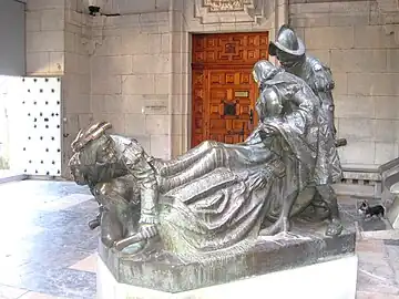 Escultura de Ignacio de Loyola herido en Pamplona. Conjunto conservador en el Santuario de Loyola