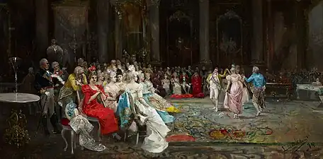 Baile en palacio, de Eugenio Lucas Villaamil, 1894. Ilustra perfectamente el escapismo añorante del Antiguo Régimen; "... alguien que vivió lo viejo y lo nuevo, el cínico y elegante Talleyrand había declarado: “El que no hizo el amor en el Antiguo Régimen, ignora lo que es la alegría de vivir”."