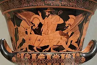 Crátera de Eufronio (cerámica de figuras rojas de Eufronio, hacia 515 a. C.). La escena representa al cuerpo de Sarpedón sostenido por Eros y Tánatos, ante Hermes.