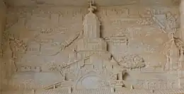 Benedetto Briosco, detalle del portal de la Cartuja de Pavía (1501), se puede ver el Parque Visconteo y al fondo Pavía y el Castillo Visconteo.