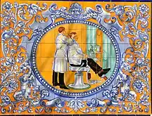 Orla talaverana de los ceramistas Ginestal y Machuca, para la Peluquería Casin, en la calle Embajadores, 31. Hacia 1912-20.