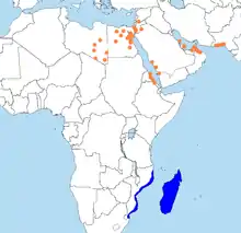 Naranja: Colonias de críaAzul: Zona de invernada
