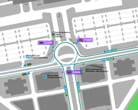 Mapa zonal de la estación de Feria de Madrid con los accesos al Metro y Cercanías y los recorridos de los autobuses de la EMT que pasan por ella, entre los que se encuentra la línea 828.