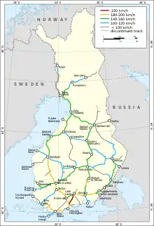 Velocidades de marcha en la red ferroviaria finlandesa en el 2011.