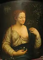Copia según Francesco Melzi, "Flora". Óleo sobre panel, 30 1/4 x 22 1/2 in. Colección privada (Bonhams Period Art & Design, San Francisco, 20 de enero de 2013, lote 3001).