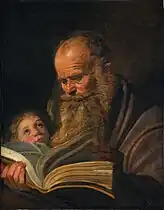 El evangelista Mateo y el ángel, con un cómplice a la izquierda.