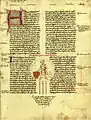 Genealogia regum Navarrae et Aragoniae et comitum Barchinonae (1376)  La miniatura representa al padre de Wifredo el Velloso con su escudo de armas, de oro cuatro palos de gules.