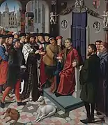 El rey Cambises y el juez Sisamnesdíptico(tabla izquierda):la captura del juez prevaricador,1498,Musée Communal, Brujas