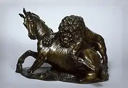 León atacando a un caballo (recreación renacentista de un grupo escultórico antiguo conservado en el Palazzo dei Conservatori de Roma, Giambologna, ca. 1589).