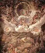 Techo y pared sur de la Sala dei Giganti del Palazzo Tè, de Giulio Romano, 1532-1535.