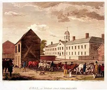 Blanchard eleva su globo sobre el patio de la prisión de Filadelfia el 9 de enero de 1793.