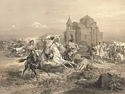 Kurdos y persas atacando Vagharshapat por Grigory Gagarin , 1847