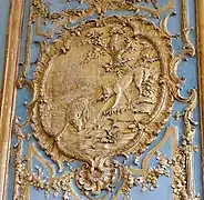 Gabinete de las Fábulas. Detalle de las boiseries, "Le loup et l'agneau", en los  appartaments  de los hijos del príncipe