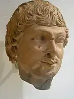 Cabeza de terracota de figura masculina, periodo kushano-sasánida, región de Gandhara, siglos IV-V d.C.