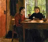 dos mujeres sentadas, la más mayor leyendo, la más joven de espaldas a una ventana que da al campo