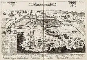 Ilustración que muestra el asedio a Haarlem en 1572, perspectiva a ojo de pájaro desde el norte.