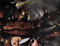 Detalle del panel derecho (El infierno) de El jardín de las delicias (c. 1500-1505), de El Bosco, Museo del Prado, Madrid