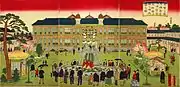 Tríptico ukiyo-e de Hiroshige III de la segunda Exposición Industrial Nacional (1881), mostrando el Honkan original