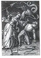 El motivo de La batalla por los pantalones: Israhel van Meckenem , La esposa enojada, grabado de género, década de 1490.