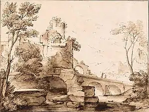 Paisaje montañoso de estilo italiano con puente