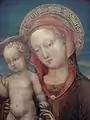Virgen de la Humildad, adorada por un príncipe dela Casa de Este de Jacopo Bellini, 1440, con manto pseudocúfico, con el halo en escritura romana. Museo del Louvre.