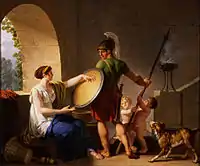 Pintura que representa a una mujer espartana dándole a su hijo su escudo.