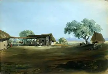 Johann Moritz Rugendas, Manga de Clavo. Hacienda del general Santa Anna. Kuperferstichkabinett, Staatliche Museen zu Berlin, Id. Number: VIII E. 2440, 1831-1834.