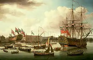 El HMS Royal George en Deptford, mostrandose también labotadura del HMS Cambridge. John Clevely el Viejo, 1757.