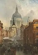 Óleo de John O'Connor, Evening on Ludgate Hill (1887) St. Paul's looms beyond St Martin's