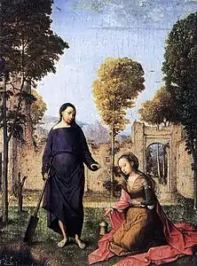 Cristo se aparece a María Magdalena, fragmento del retablo de Isabel la Católica, de Juan de Flandes y Melchior Alemán (ca. 1496-1504).
