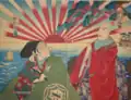 El actor de kabuki Nakamura Fukusuke como Nichiren Shonin y Nakamura Kakuzo como Tojo Saemon de Toyohara Kunichika (1886)