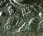 Carruajes de caballos de la era Kofun. Detalle de espejo de bronce (siglos V-VI). Eta-Funayama Tumulus, Kumamoto.