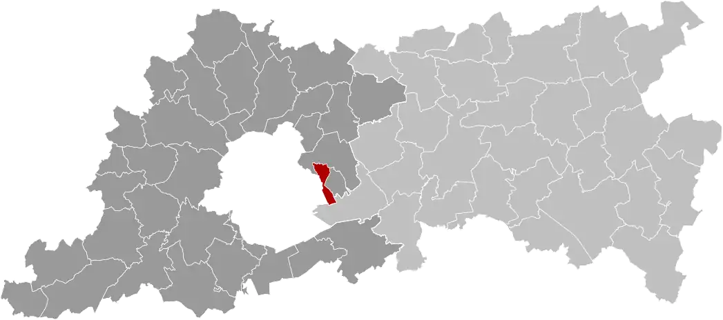 Localización de Kraainem en rojo, al Este de la Región de Bruselas-Capital, que aparece como el hueco en blanco