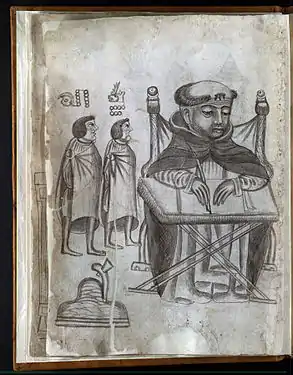 Un fraile escribiendo un acta sentado en una silla de dignatario. Representados en menor escala y en subordinación, dos indígenas de pie miran al fraile, Juicio inquisitorio representado en la lámina 6 del Códice Yanhuitlán 1550.
