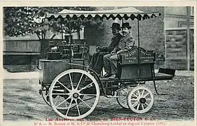 Georges Bouton (izda) y el conde de Chasseloup-Laubat, en un dog-car a vapor Trépardoux & Co. (1885)