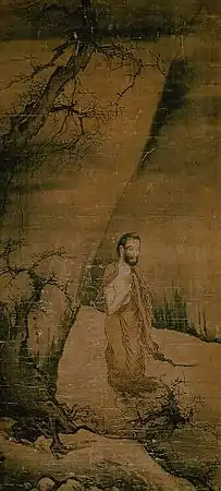 Shâkyamuni saliendo de las montañas, rollo vertical, tinta y colores sobre seda, 117.6 × 51.9 cm. Tokio, Museo Nacional.