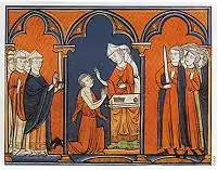 Iluminación que muestra a Luis IX arrodillado, en posición de rezo, frente a un obispo que le unge. Los prelados del Reino presentes a la izquierda, los señores a la derecha.